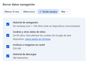 Pantallazo del área donde se borra el caché en chrome.