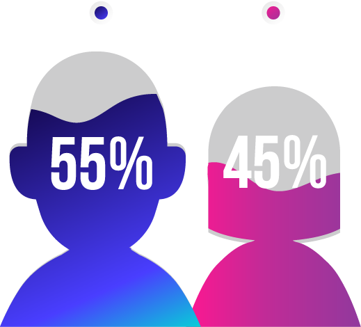 Gráfica que muestra la cantidad de personas naturales inscritas en el RUNT, 55% hombres y 45% mujeres.