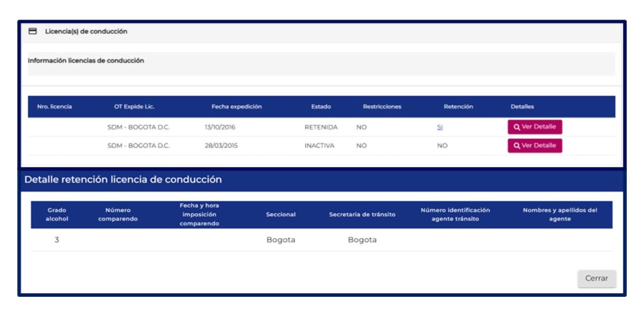 Imagen que muestra la interfaz donde se consultan las novedades de las licencias de conducción.