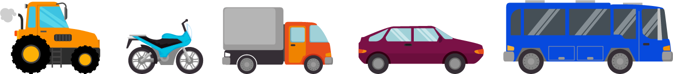 Ilustración de varios tipos de vehículos; tractor, moto, camión, automóvil y bus.